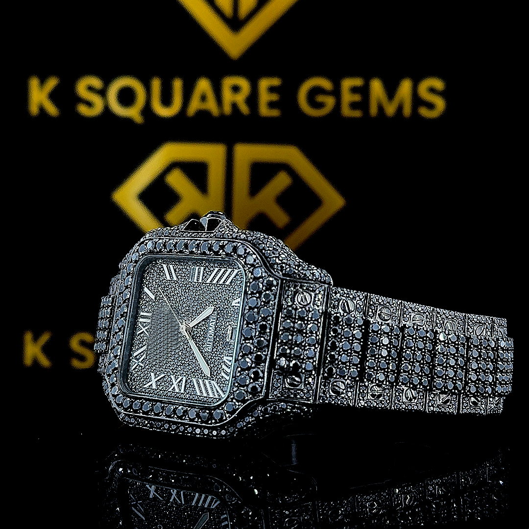 Santos De Cartier Full Black Roman Dial Moissanite Diamond Watch Left Profile View