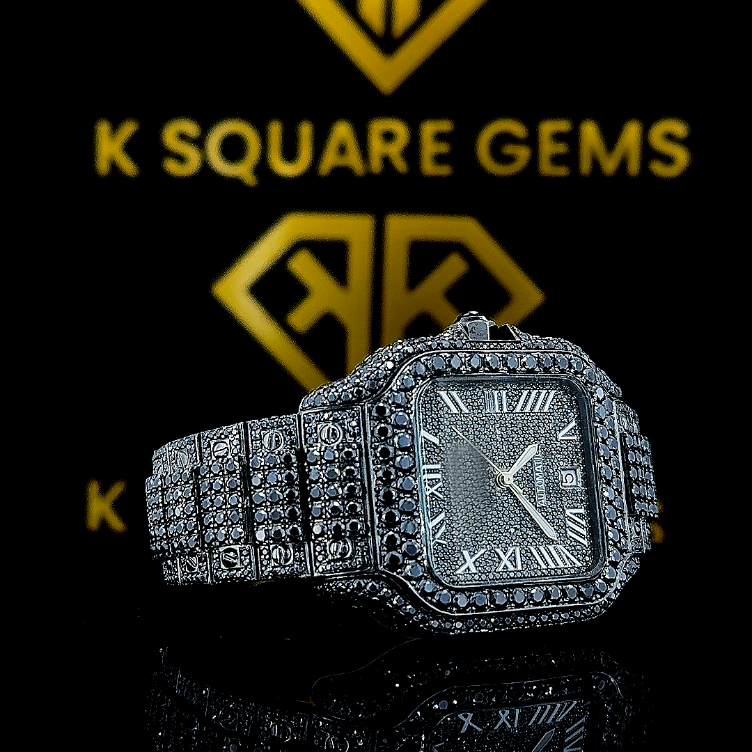 Santos De Cartier Full Black Roman Dial Moissanite Diamond Watch Right Profile View