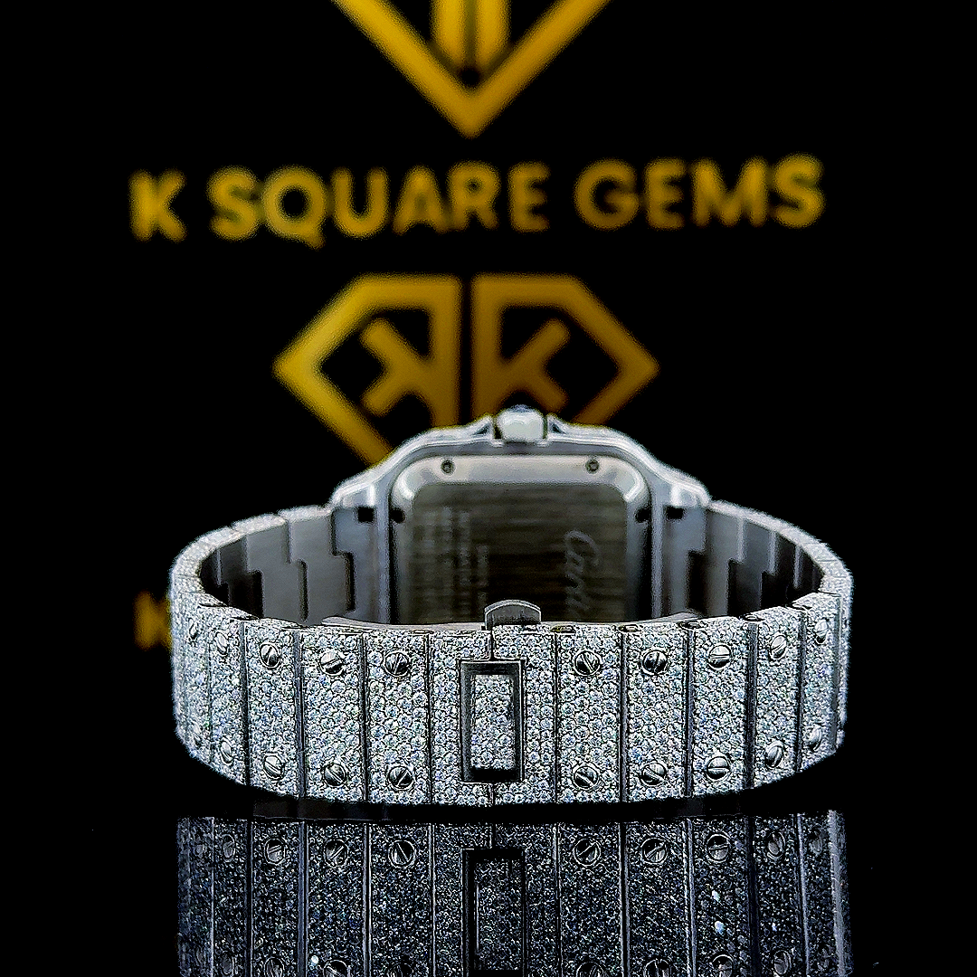 Santos De Cartier Full Iced Out Arabic Moissanite Diamond Watch Back View