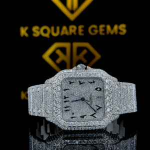 Santos De Cartier Full Iced Out Arabic Moissanite Diamond Watch Front View