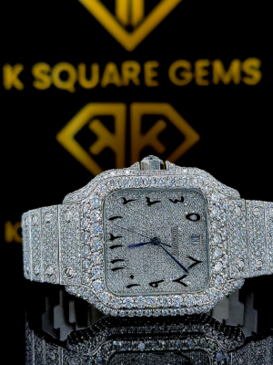 Cartier Santos Arabic Numerals Pave Diamond Dial Fully Iced Out Moissanite Watch