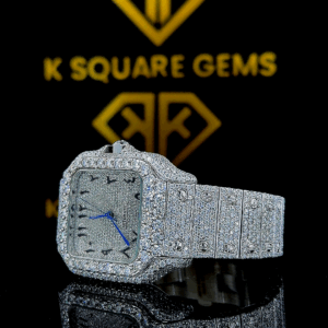 Santos De Cartier Full Iced Out Arabic Moissanite Diamond Watch Left Profile View