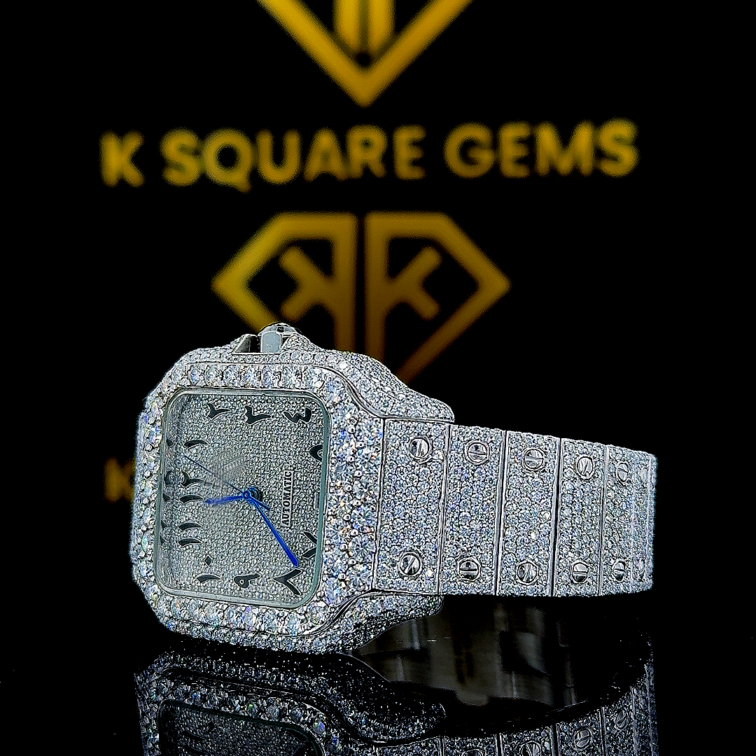 Santos De Cartier Full Iced Out Arabic Moissanite Diamond Watch Left Profile View