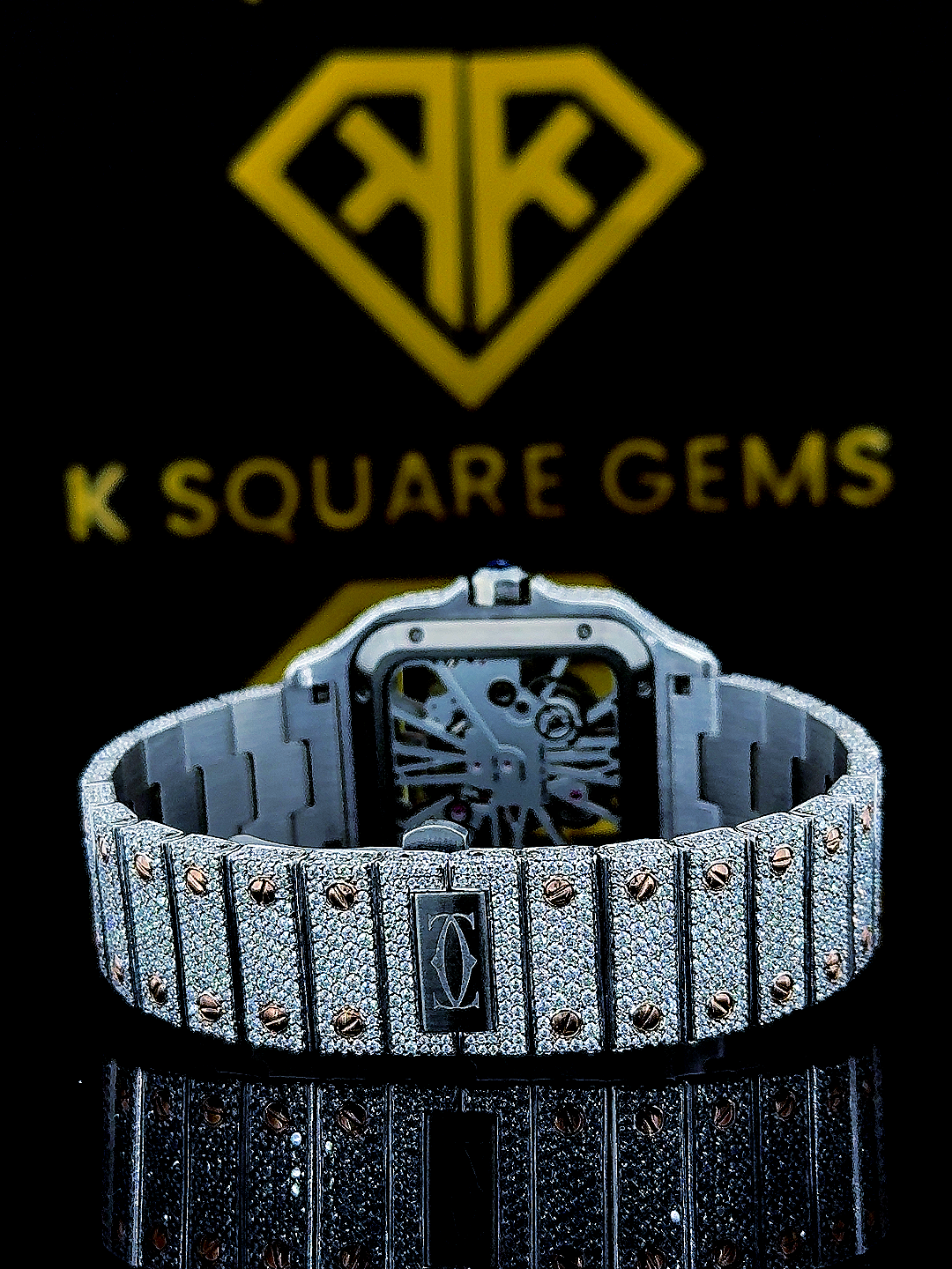 Skeleton Dial Cartier Two Tone Iced Out Moissanite Diamond Watch Back View
