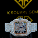 Skeleton Dial Cartier Two Tone Iced Out Moissanite Diamond Watch Front Close View