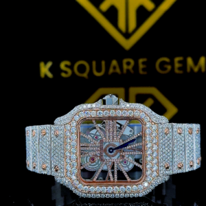 Skeleton Dial Cartier Two Tone Iced Out Moissanite Diamond Watch Front Close View