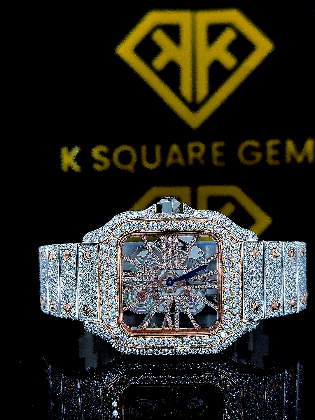 Skeleton Dial Cartier Two Tone Iced Out Moissanite Diamond Watch Front Close View