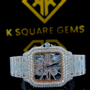 Skeleton Dial Cartier Two Tone Iced Out Moissanite Diamond Watch Front View