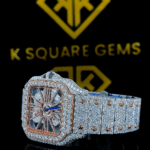 Skeleton Dial Cartier Two Tone Iced Out Moissanite Diamond Watch Left Side View