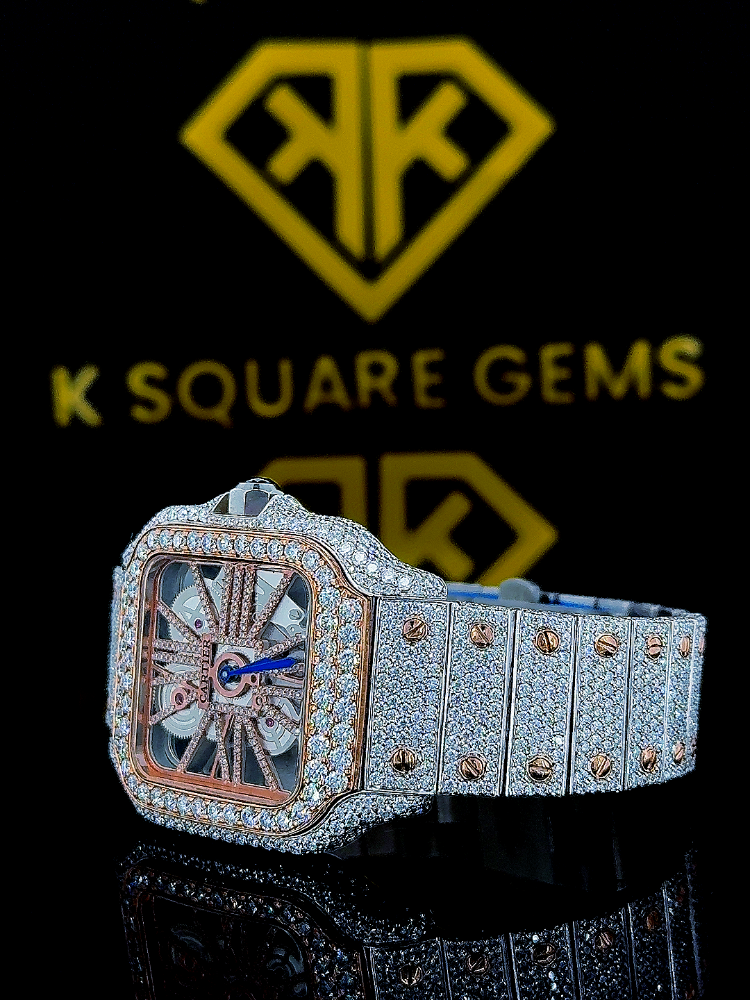 Skeleton Dial Cartier Two Tone Iced Out Moissanite Diamond Watch Left Side View