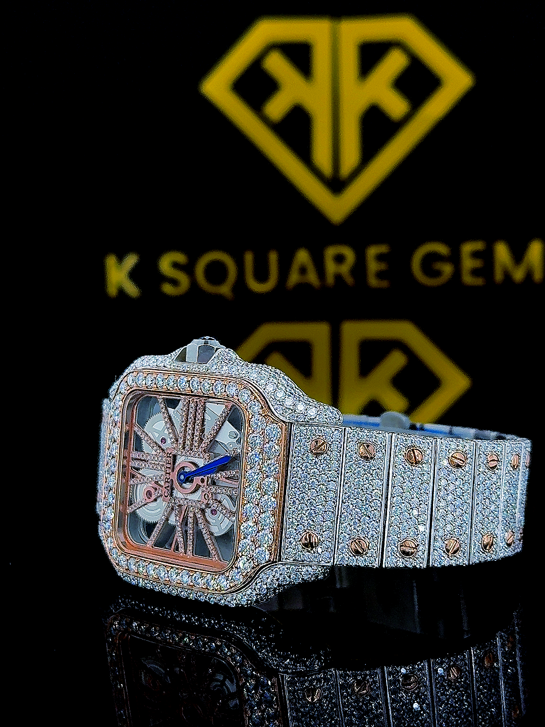 Skeleton Dial Cartier Two Tone Iced Out Moissanite Diamond Watch Left View