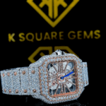 Skeleton Dial Cartier Two Tone Iced Out Moissanite Diamond Watch Right Side View