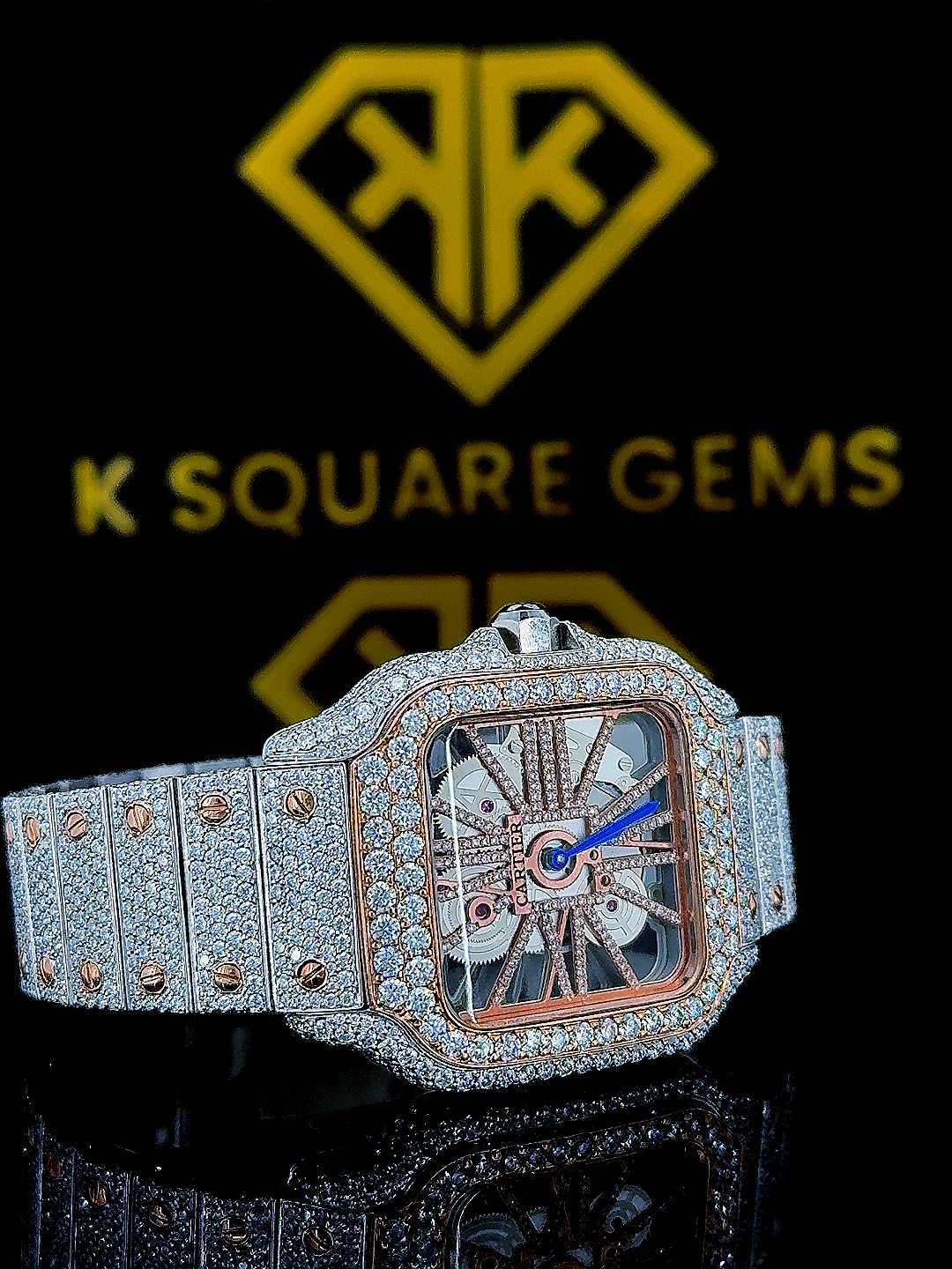 Skeleton Dial Cartier Two Tone Iced Out Moissanite Diamond Watch Right Side View