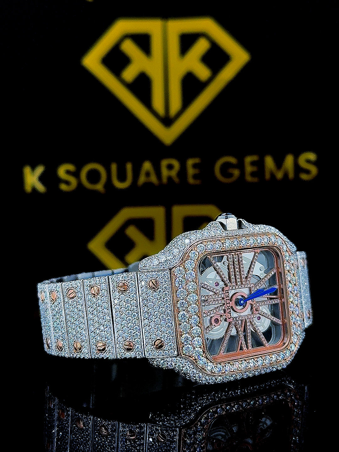 Skeleton Dial Cartier Two Tone Iced Out Moissanite Diamond Watch Right View