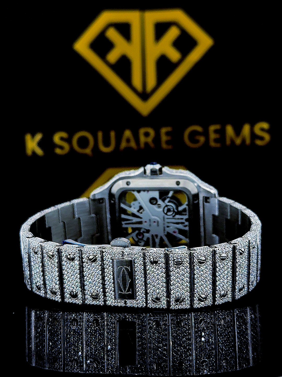 Skeleton Santos Cartier Iced Out Moissanite Diamond Back Side View