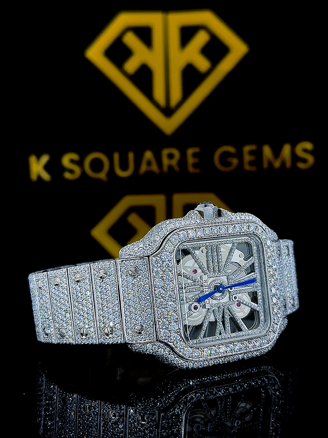 Skeleton Santos Cartier Iced Out Moissanite Diamond Right Side View
