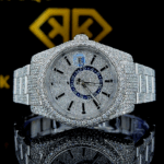 Rolex Sky-Dweller Blue GMT Ring Pave Diamond Dial Fully Iced Out Moissanite Watch