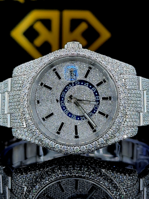 Rolex Sky-Dweller Blue GMT Ring Pave Diamond Dial Fully Iced Out Moissanite Watch