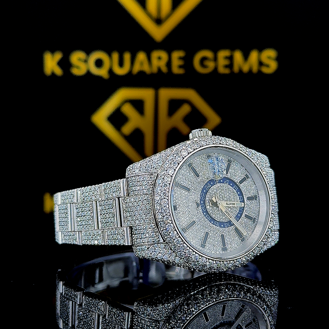 Sky Dweller Rolex Iced Out Moissanite Diamond Watch Right Profile View