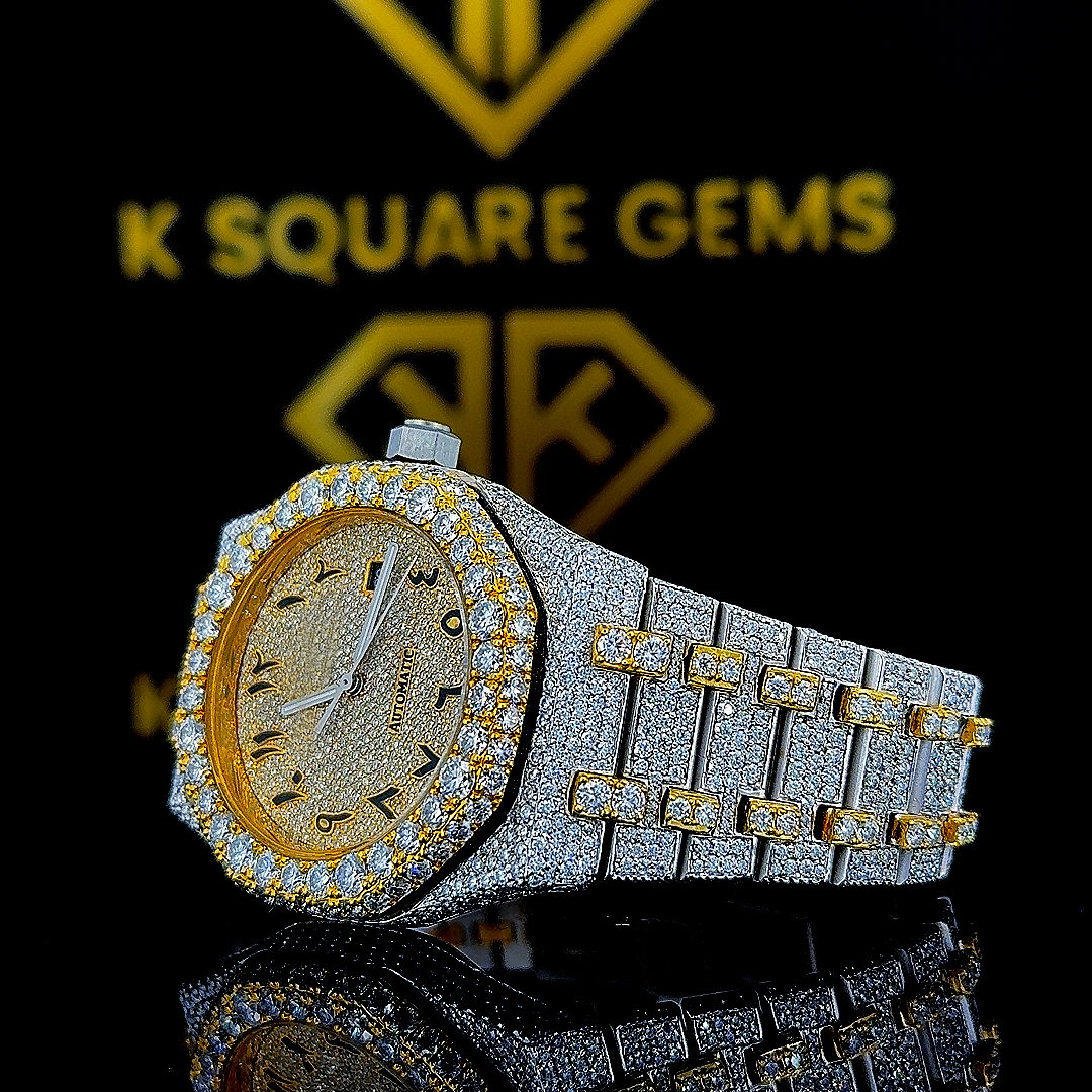 Two Tone AP Arabic Dial Iced Out Yellow Gold Moissanite Diamond Watch Left Profile View