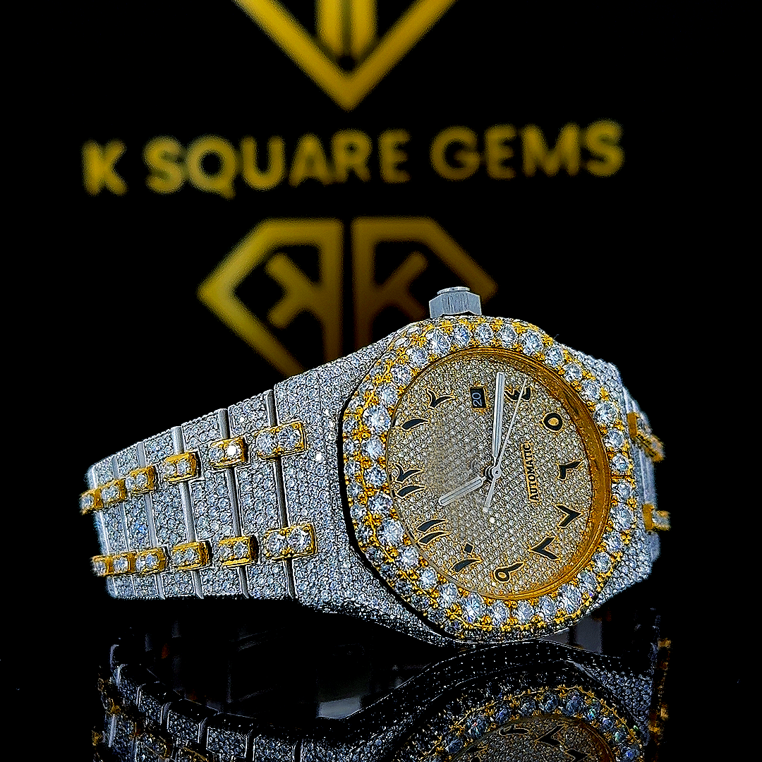 Two Tone AP Arabic Dial Iced Out Yellow Gold Moissanite Diamond Watch Right Profile View