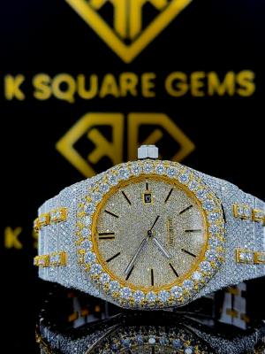 AP Royal Oak Classic Stick Markers Diamond Pave Dial Yellow Gold Two Tone Moissanite Watch