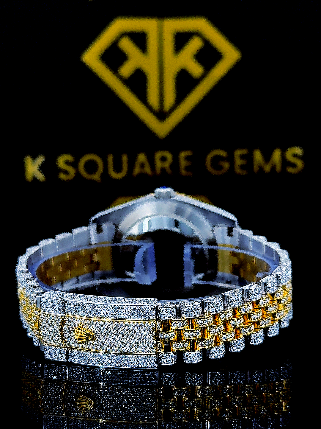 Two Tone Bust Down Datejust Arabic Numerals Moissanite Diamond Watch Back View