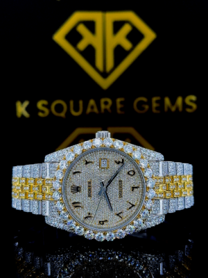 Rolex Datejust Arabic Numerals Pave Diamond Dial Two Tone Yellow Gold Fully Iced Moissanite Watch