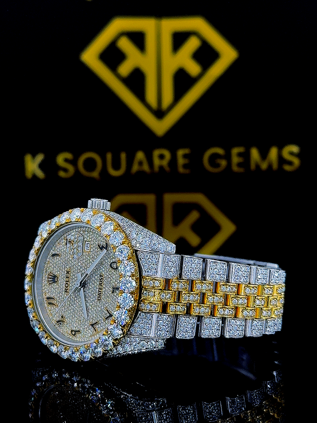 Two Tone Bust Down Datejust Arabic Numerals Moissanite Diamond Watch Left Side View