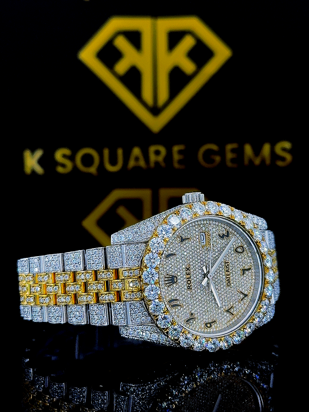 Two Tone Bust Down Datejust Arabic Numerals Moissanite Diamond Watch Right Side View