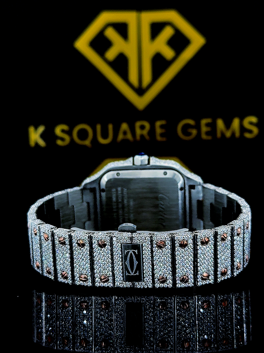 Two Tone Cartier Rose Gold Arabic Dial Moissanite Diamond Watch Back View