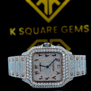 Two Tone Cartier Rose Gold Arabic Dial Moissanite Diamond Watch Front View