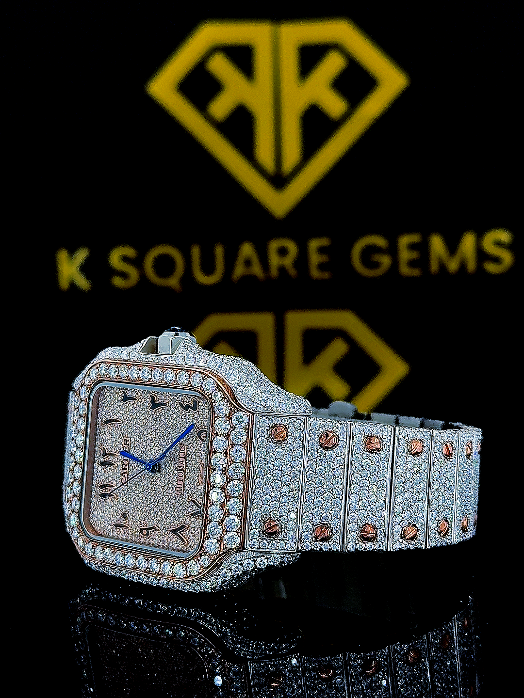 Two Tone Cartier Rose Gold Arabic Dial Moissanite Diamond Watch Left Side View
