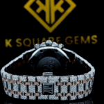 Two Tone Iced Out Chronograph Black Dial Moissanite Diamond Watch Back View