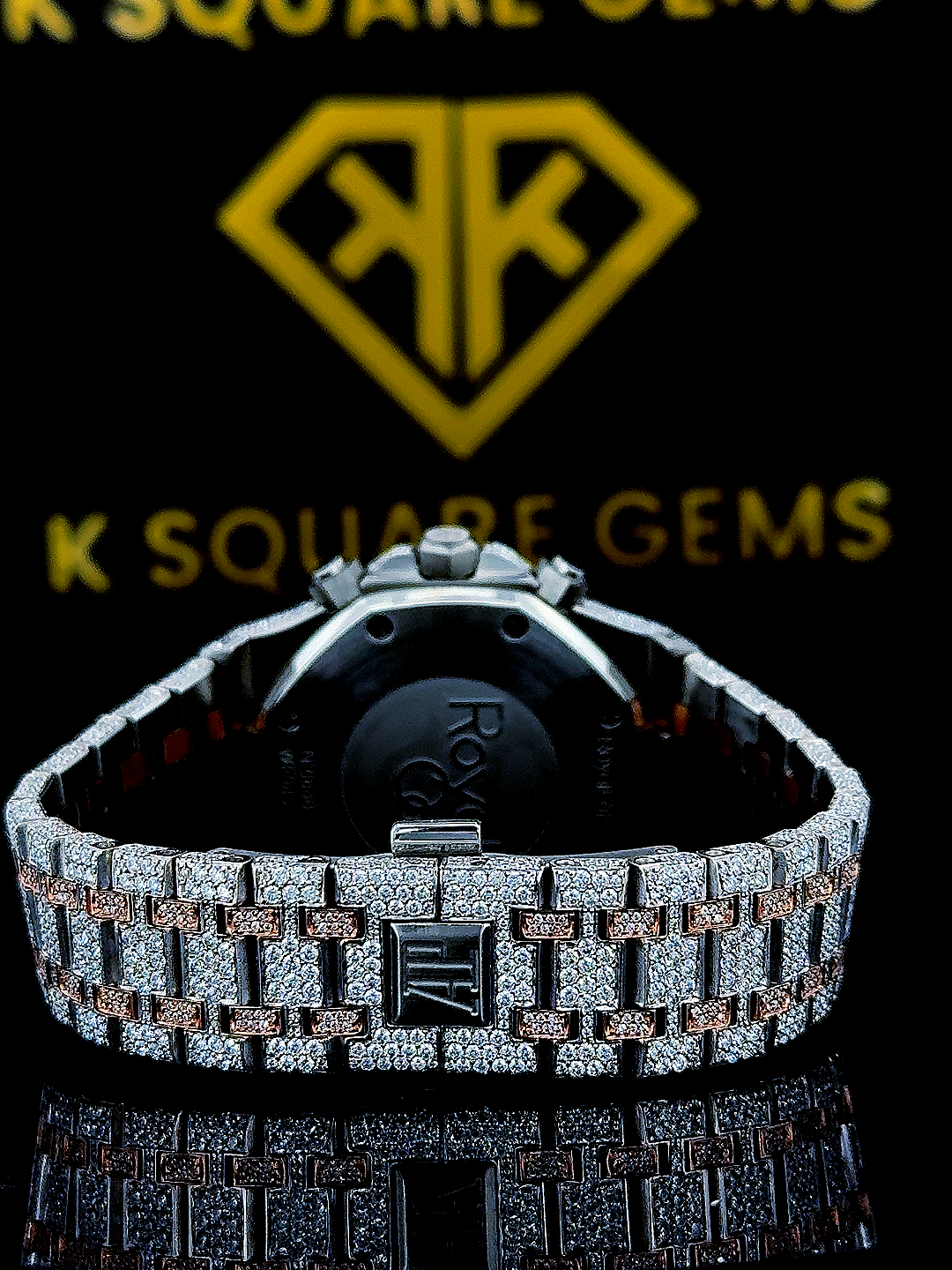 Two Tone Iced Out Chronograph Black Dial Moissanite Diamond Watch Back View