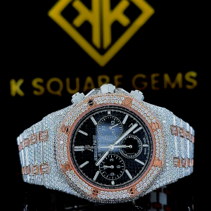 Two Tone Iced Out Chronograph Black Dial Moissanite Diamond Watch Front View