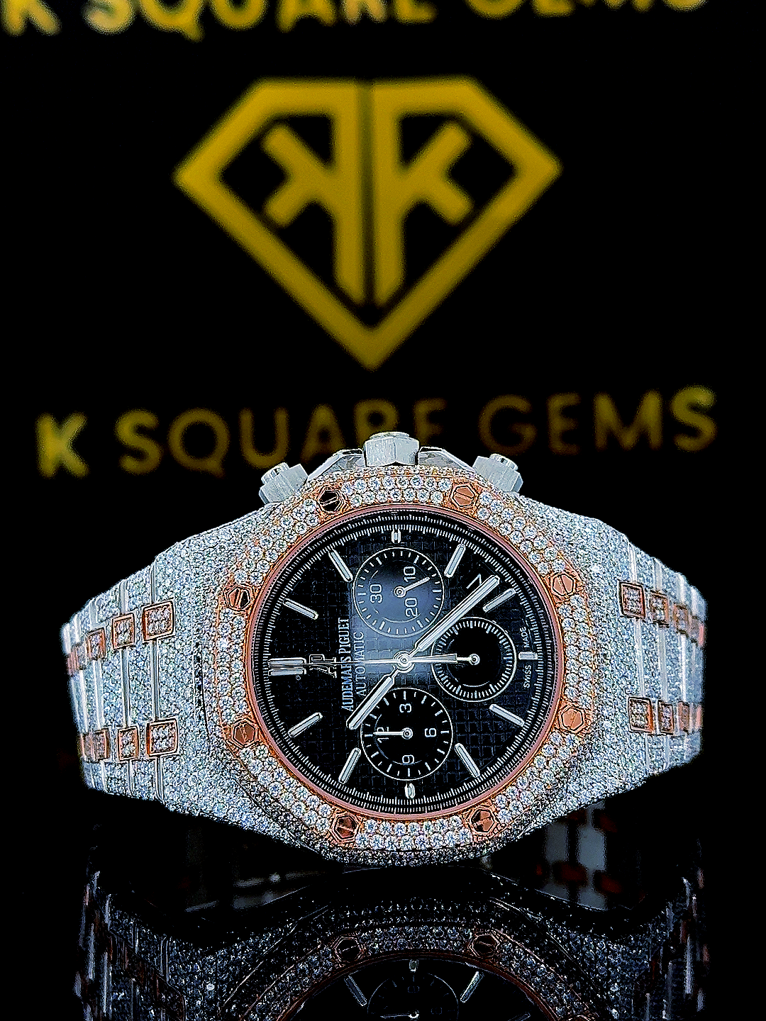 Two Tone Iced Out Chronograph Black Dial Moissanite Diamond Watch Front View