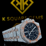 Two Tone Iced Out Chronograph Black Dial Moissanite Diamond Watch Left View