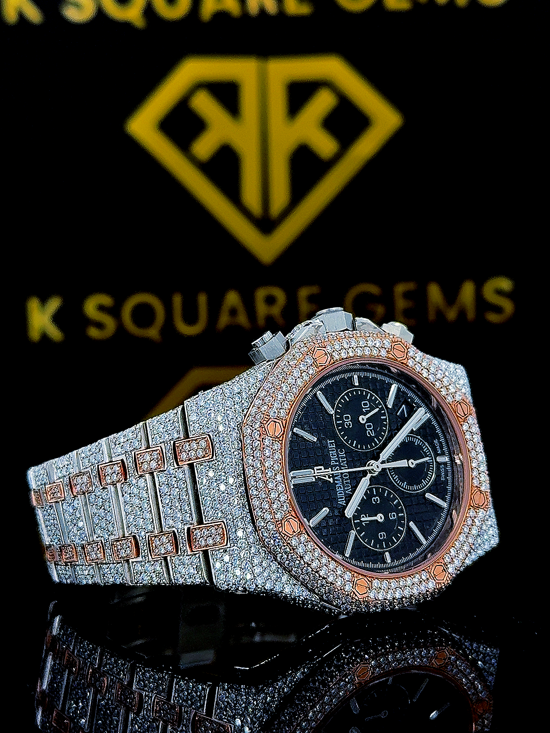 Two Tone Iced Out Chronograph Black Dial Moissanite Diamond Watch Left View