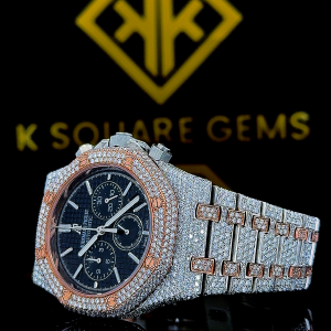 Two Tone Iced Out Chronograph Black Dial Moissanite Diamond Watch Right View