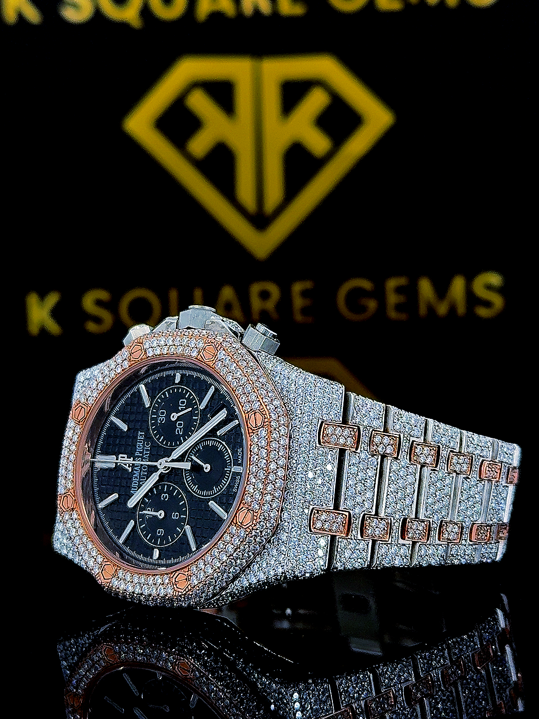 Two Tone Iced Out Chronograph Black Dial Moissanite Diamond Watch Right View