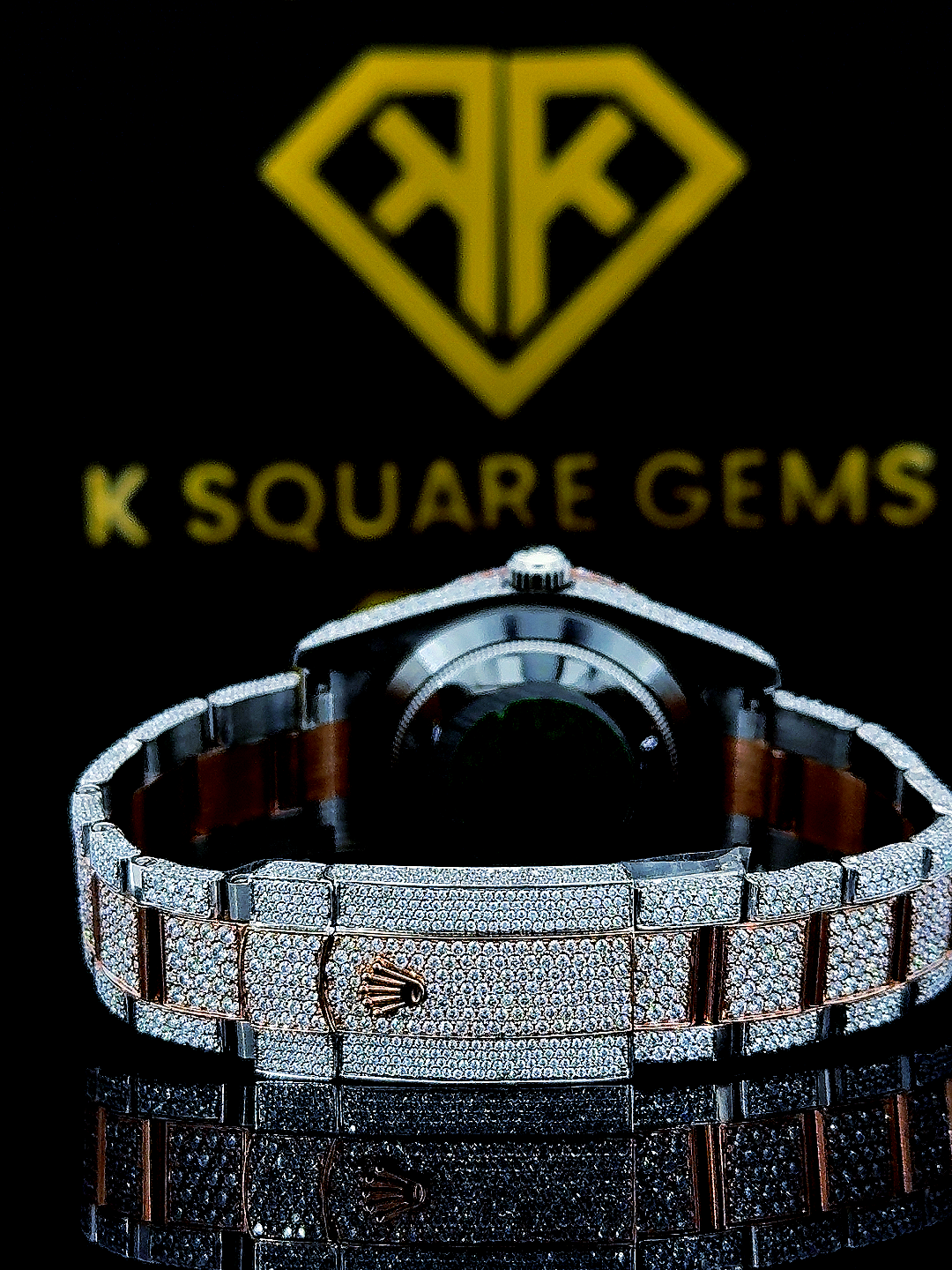 Two Tone Iced Out Datejust Roman Numeral Dial Moissanite Diamond Watch Back View