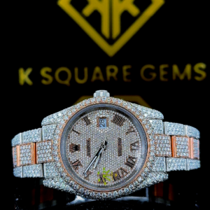Two Tone Iced Out Datejust Roman Numeral Dial Moissanite Diamond Watch Front View