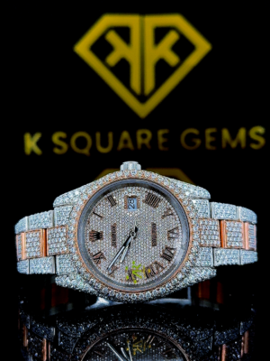 Rolex Datejust Roman Numerals Pave Diamond Dial Two Tone Rose Gold Fully Iced Moissanite Watch