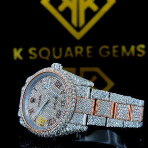 Two Tone Iced Out Datejust Roman Numeral Dial Moissanite Diamond Watch Left Side View