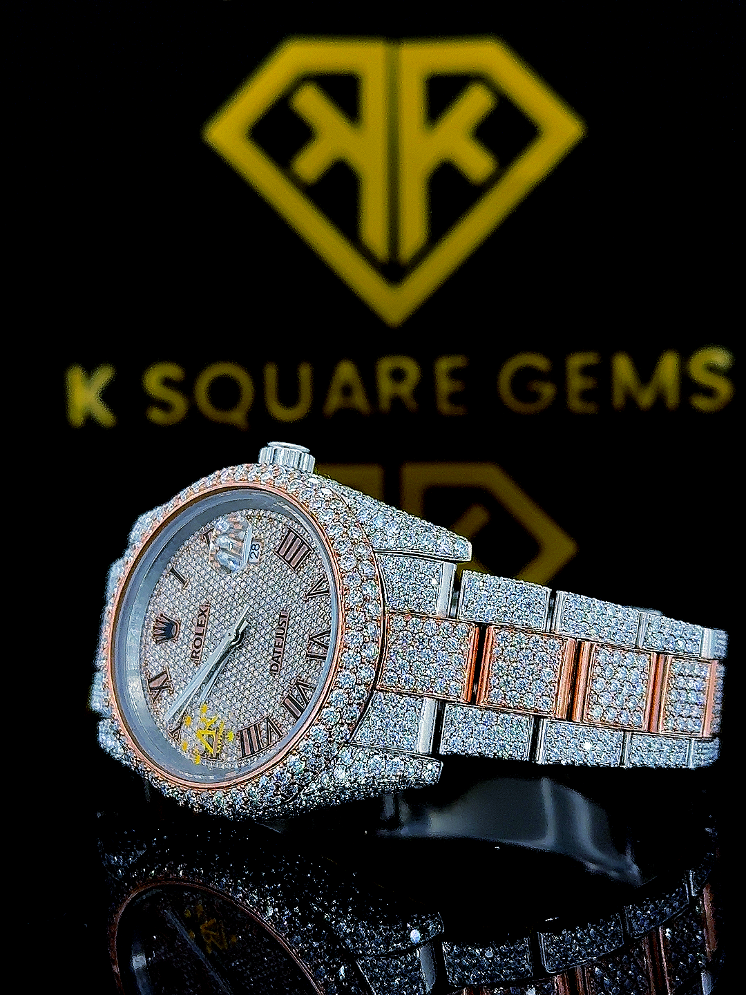 Two Tone Iced Out Datejust Roman Numeral Dial Moissanite Diamond Watch Left Side View