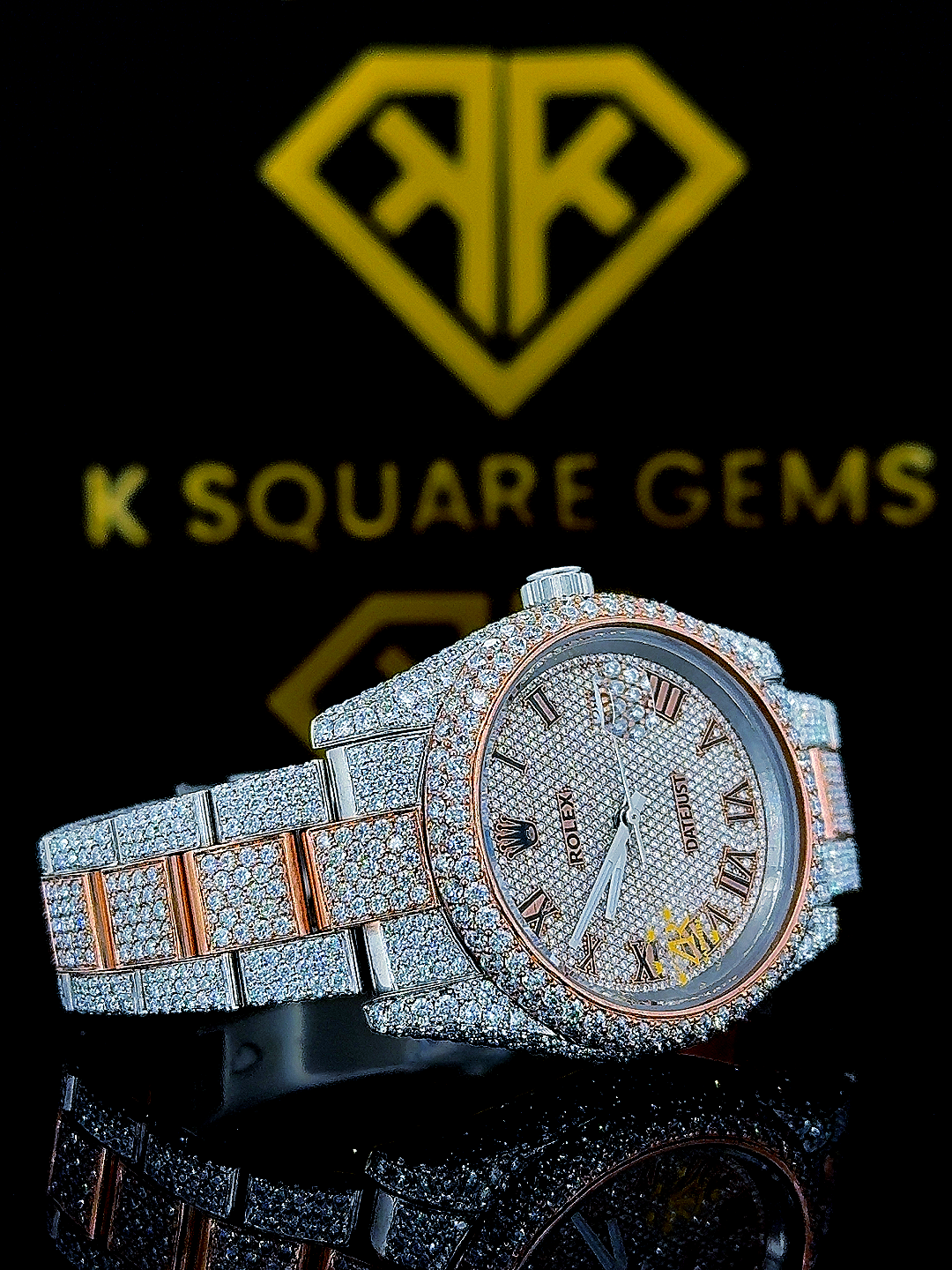 Two Tone Iced Out Datejust Roman Numeral Dial Moissanite Diamond Watch Right Side View