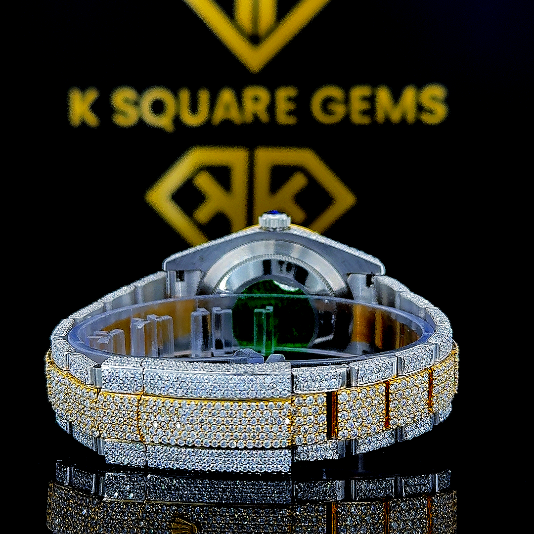 Two Tone Rolex Arabic Dial Yellow Gold Moissanite Diamond Watch Back View