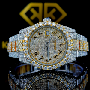 Two Tone Rolex Arabic Dial Yellow Gold Moissanite Diamond Watch Front View