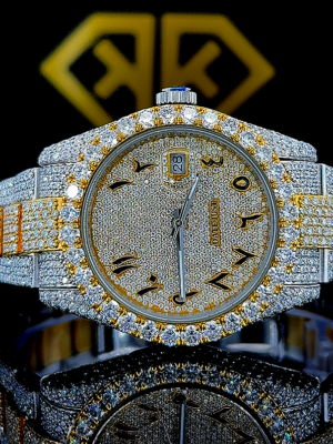 Rolex Datejust Arabic Numerals Pave Diamond Dial Yellow Gold Two Tone Moissanite Watch